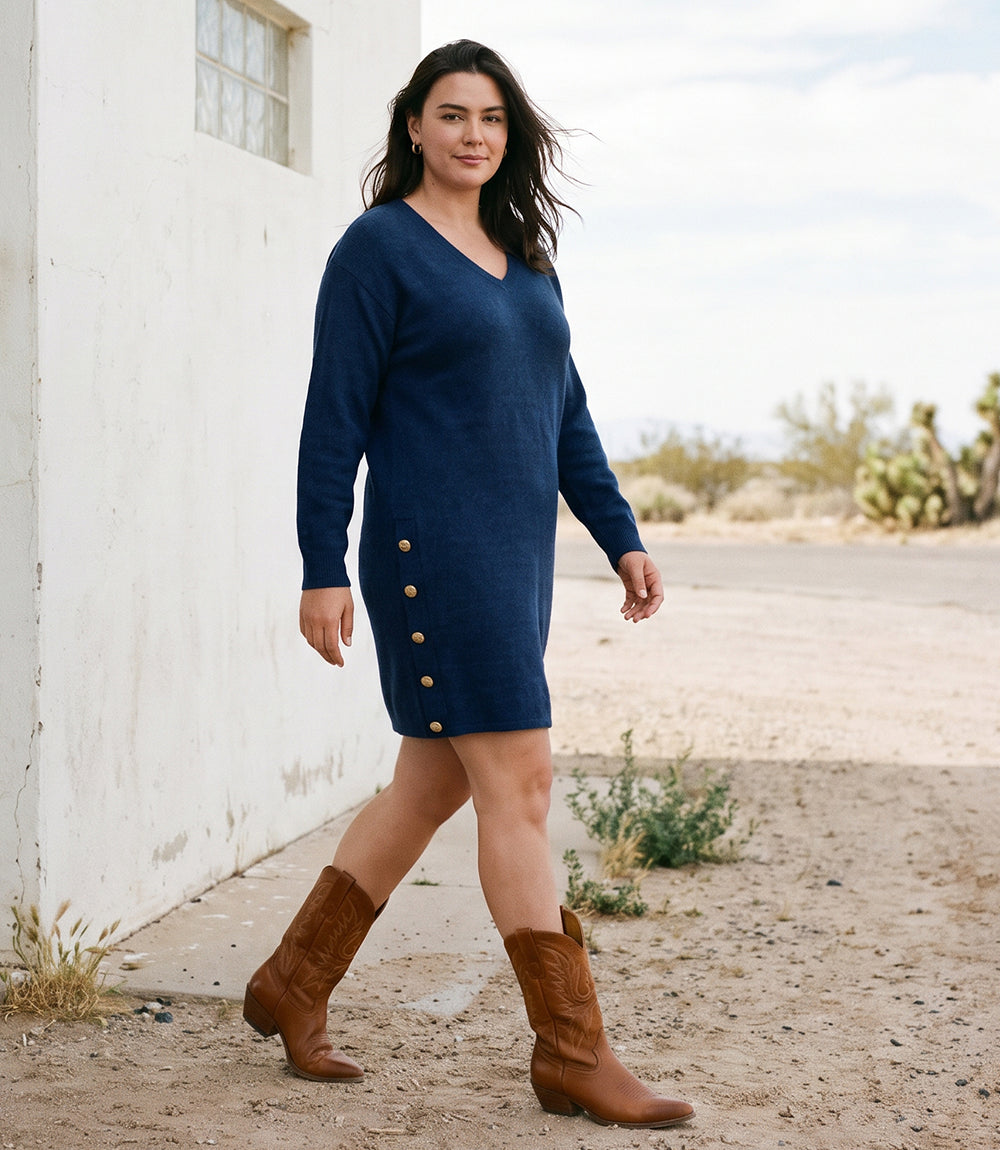 Plus Size Long Sleeve V-Neck Button Detail Dress