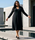 Plus Size V-Neck Midi Travel Jersey Dress - Black