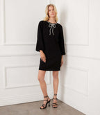 Petite Size Puff Sleeve Embellished Bow Shift Dress