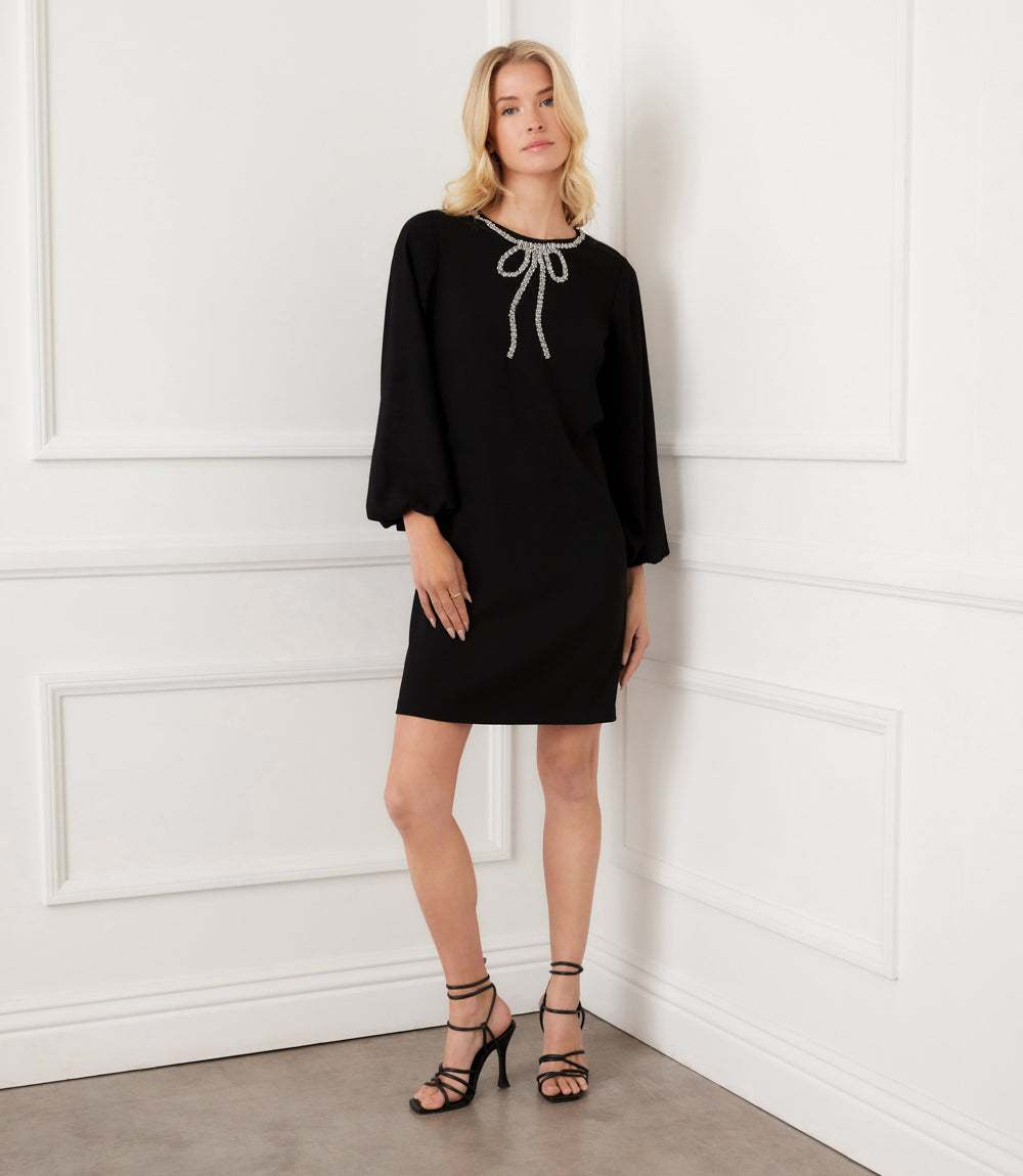 Petite Size Puff Sleeve Embellished Bow Shift Dress