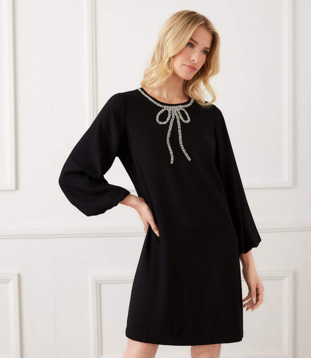Petite Size Puff Sleeve Embellished Bow Shift Dress