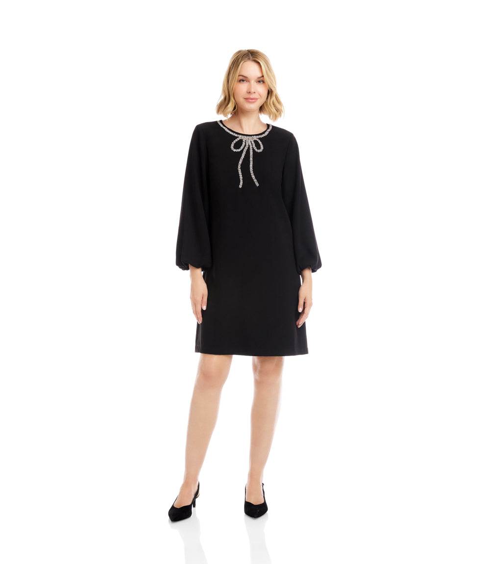 Petite Size Puff Sleeve Embellished Bow Shift Dress