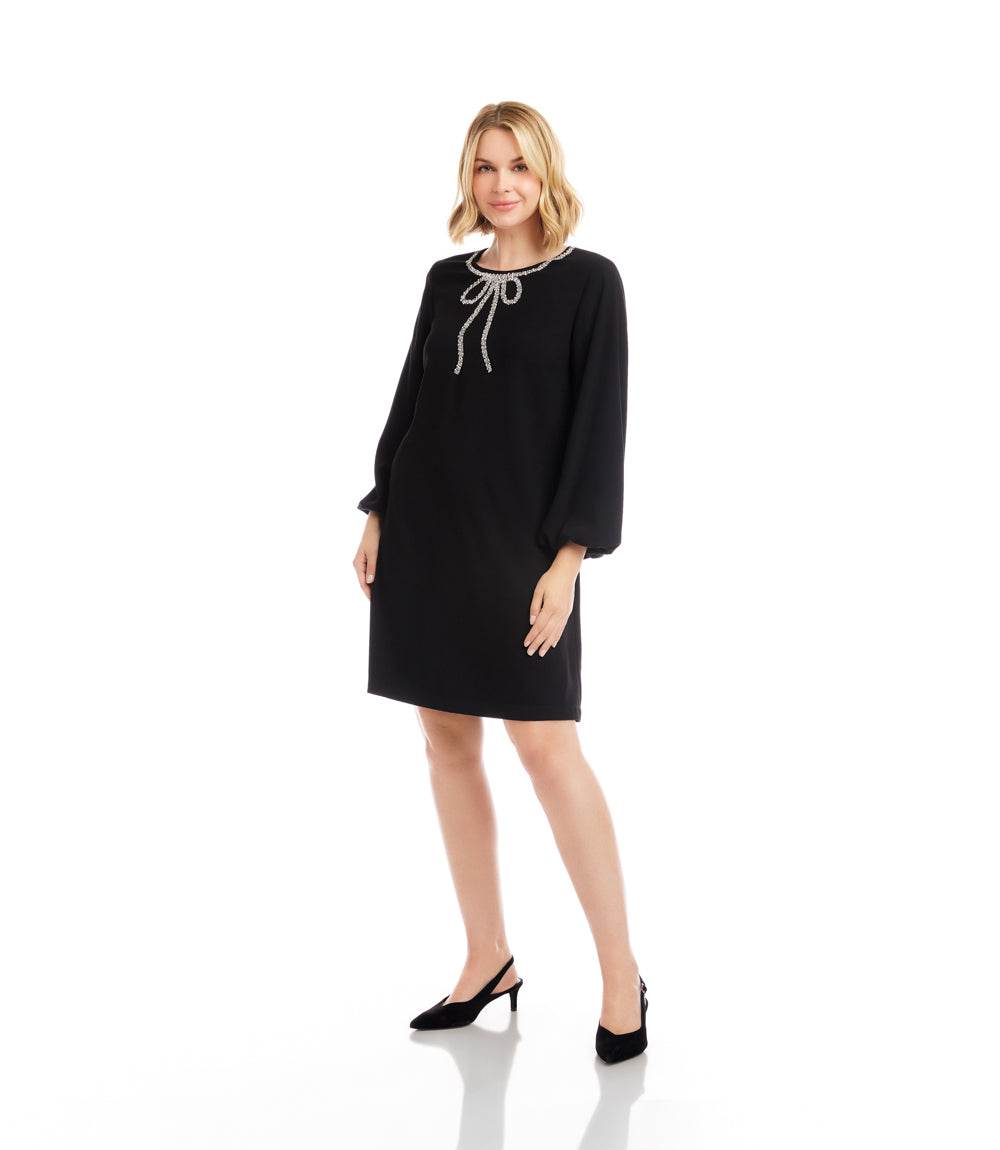 Petite Size Puff Sleeve Embellished Bow Shift Dress