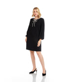Petite Size Puff Sleeve Embellished Bow Shift Dress