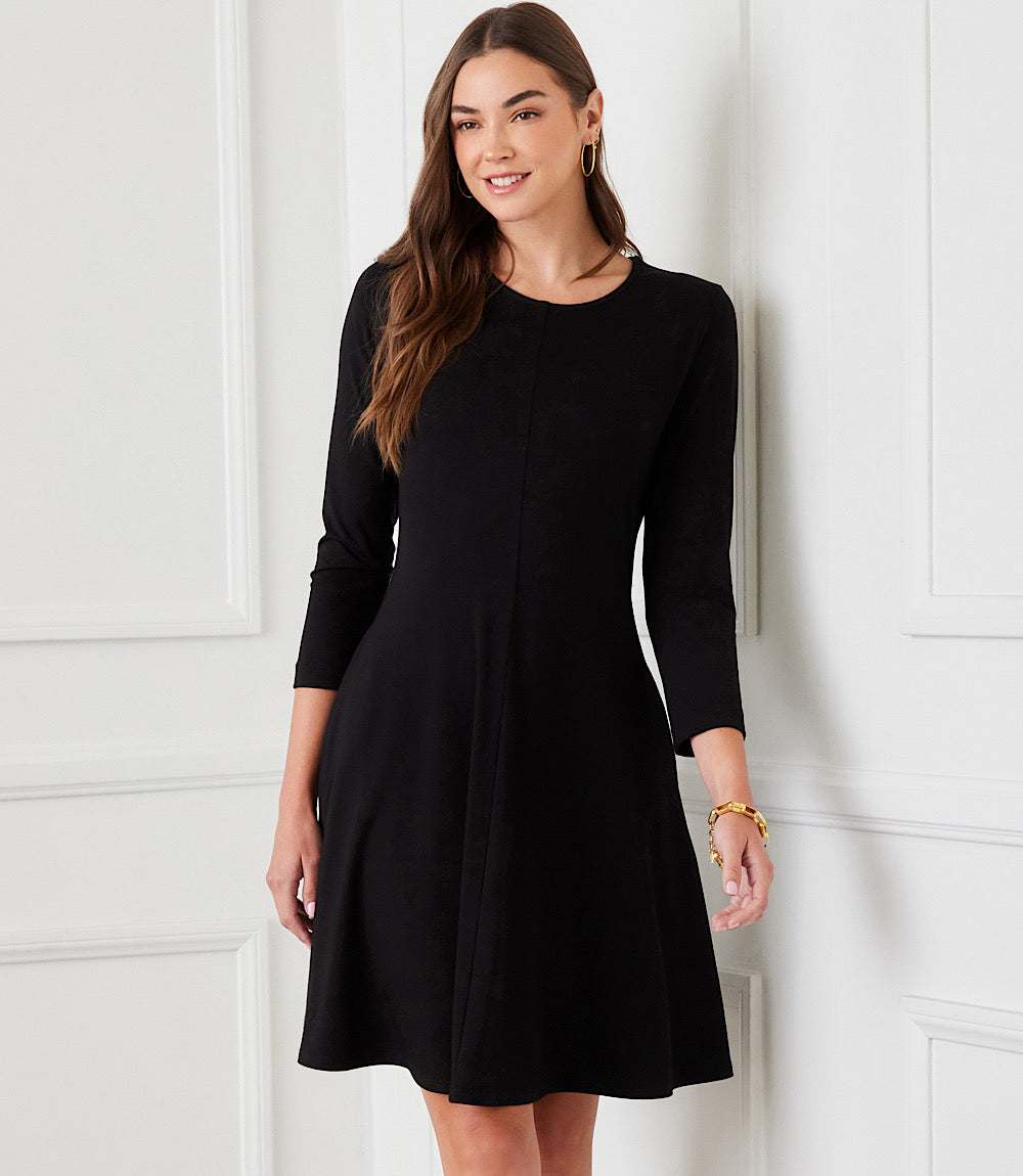 Petite Size 3/4 Sleeve Fit & Flare Dress - Black
