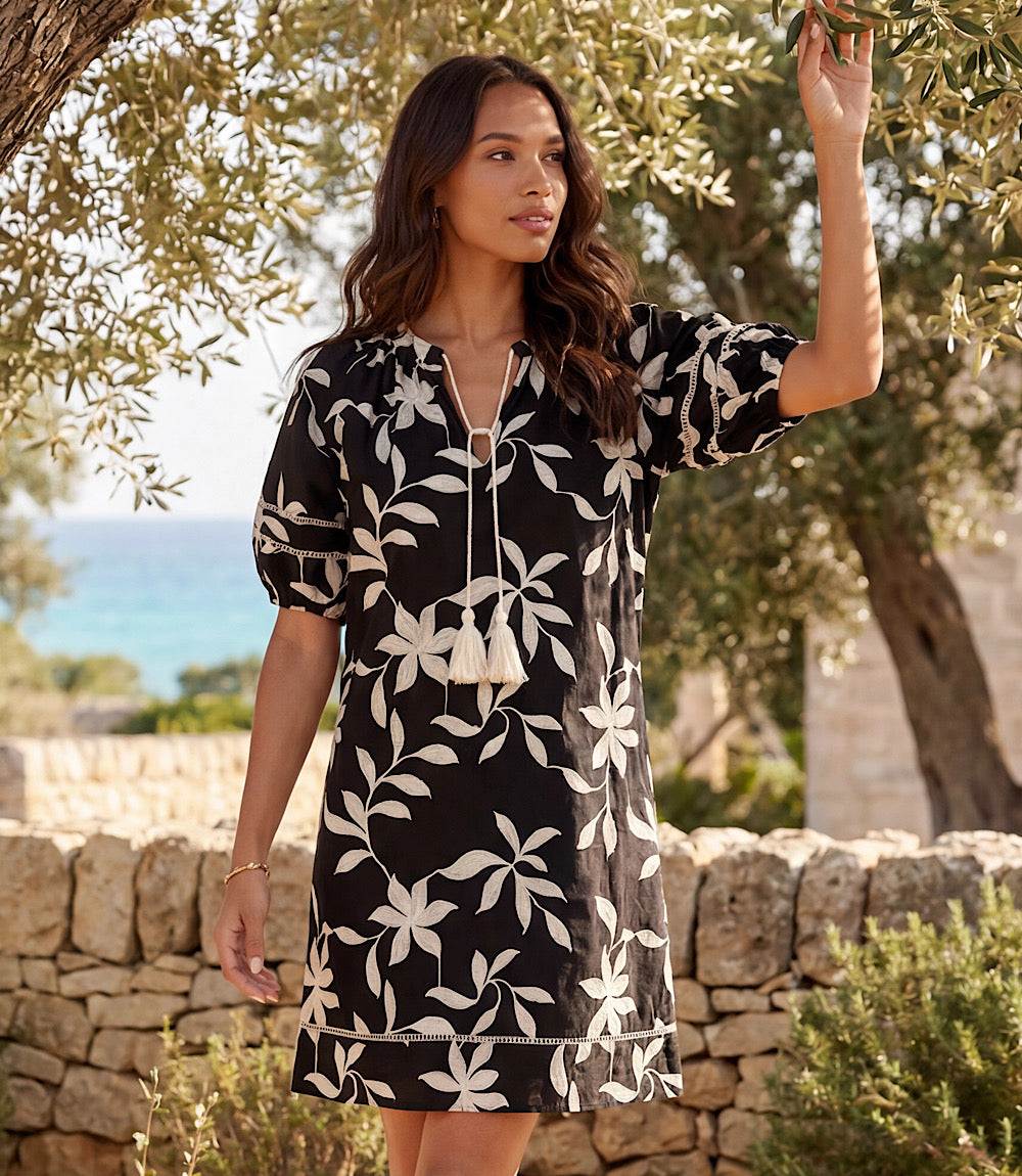 Petite Size Puff Sleeve Tassel Dress - Black