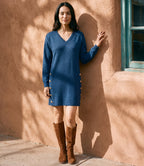 Petite Size Long Sleeve V-Neck Button Detail Dress