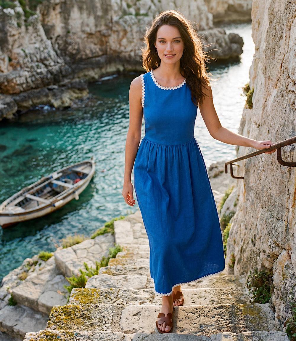 Petite Size Sleeveless Edge Stitch Contrast Midi Dress