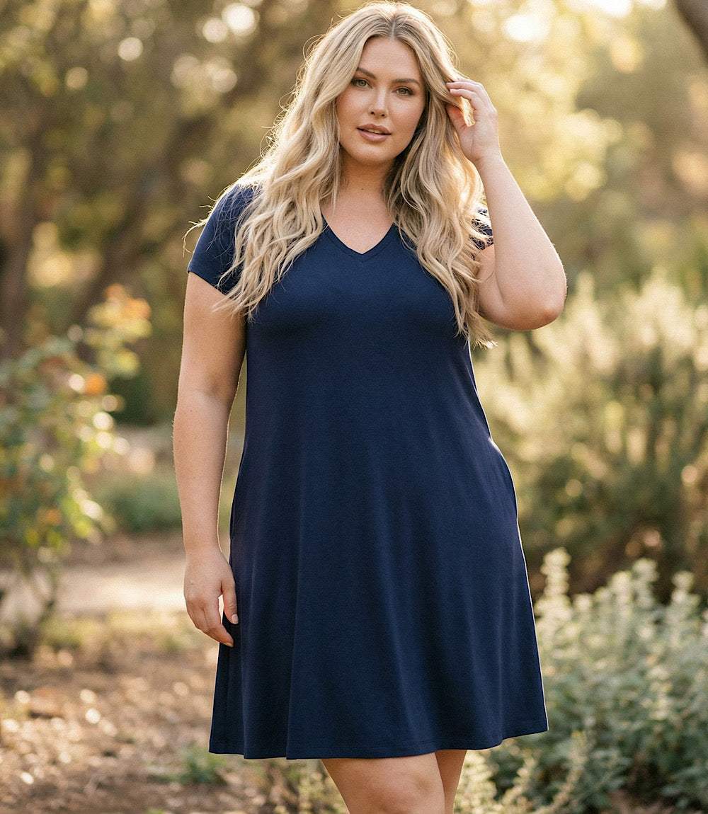 Plus Size V-Neck Pocket Dress - Navy