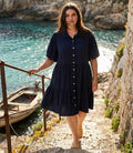Plus Size Puff Sleeve Tiered Shirtdress - Navy