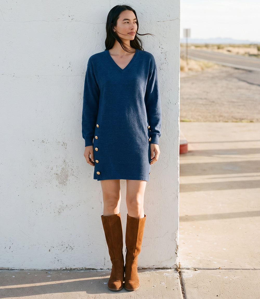 Petite Size Long Sleeve V-Neck Button Detail Dress