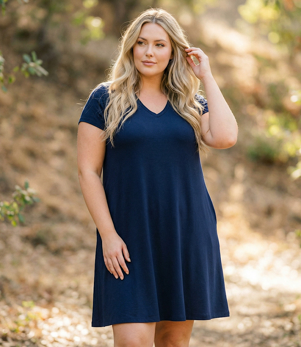 Plus Size V-Neck Pocket Dress - Navy