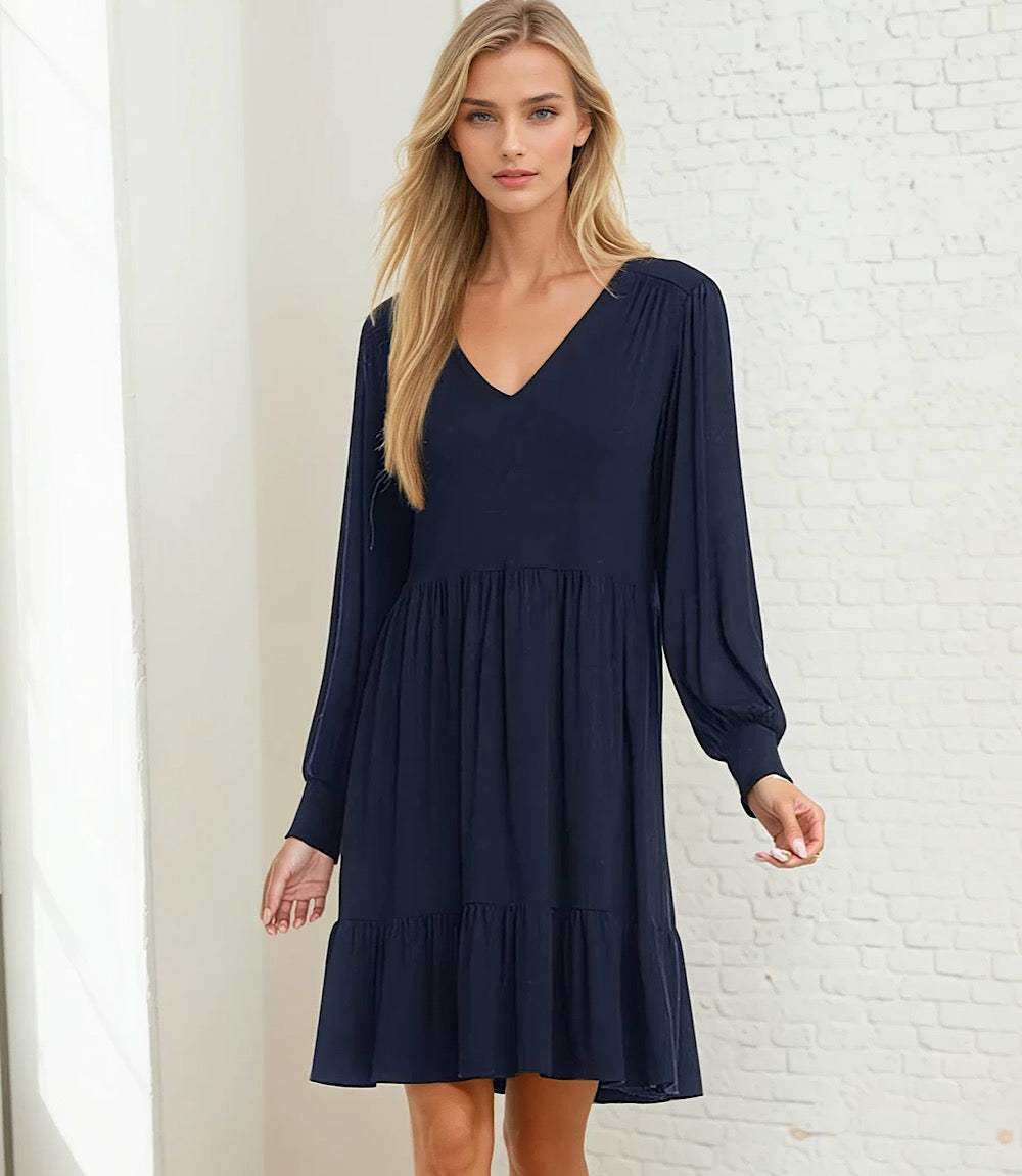 Petite Size Long Sleeve Tiered Dress - Navy