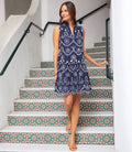 Petite Size Sleeveless Eyelet Dress - Navy With Off White