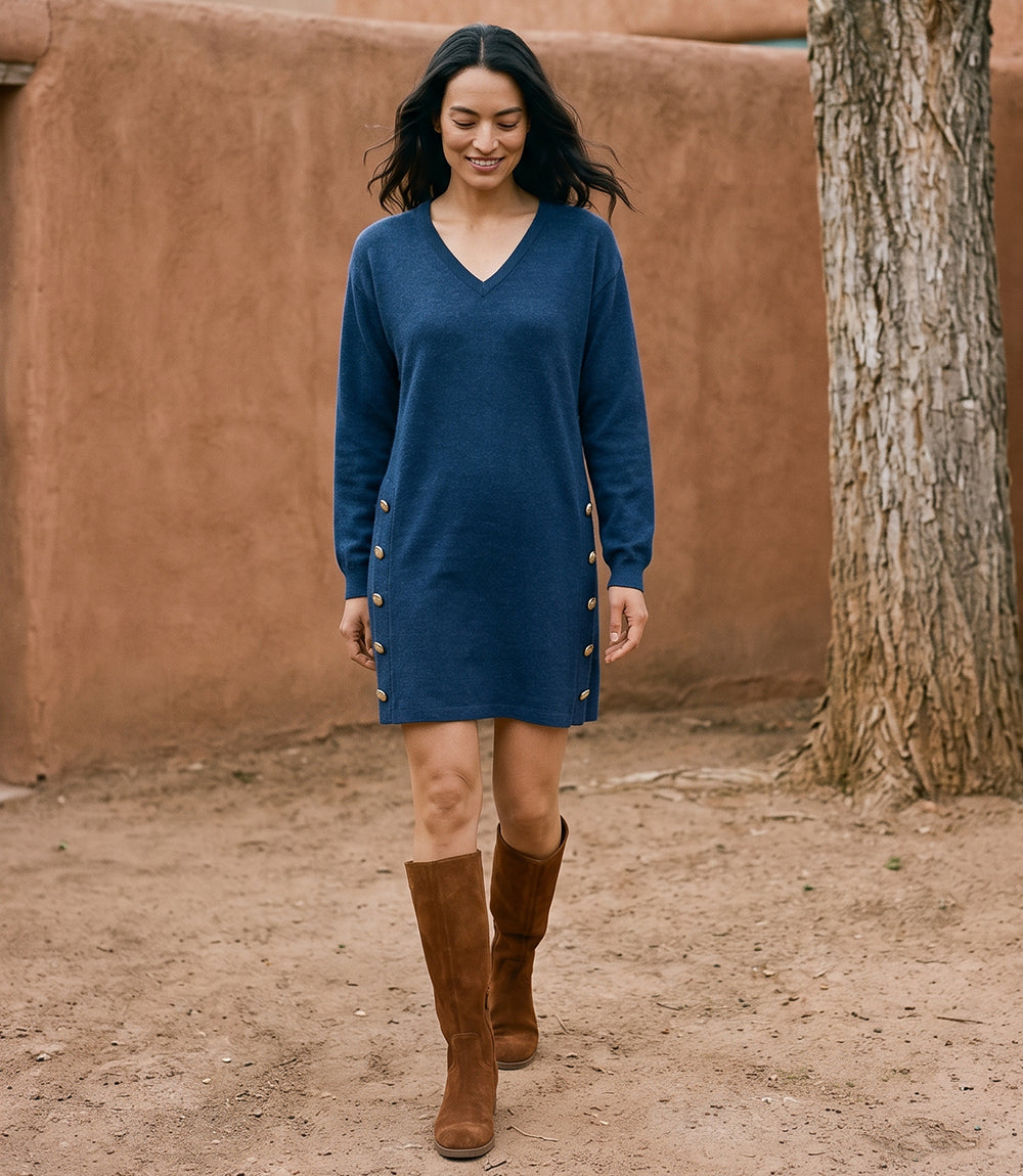 Petite Size Long Sleeve V-Neck Button Detail Dress