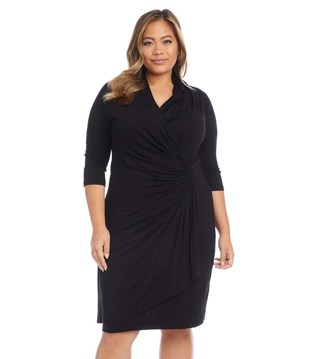 Plus Size 3/4 Sleeve Faux Wrap Dress - Black
