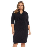 Plus Size 3/4 Sleeve Faux Wrap Dress - Black