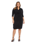 Plus Size 3/4 Sleeve Faux Wrap Dress - Black