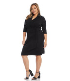 Plus Size 3/4 Sleeve Faux Wrap Dress - Black