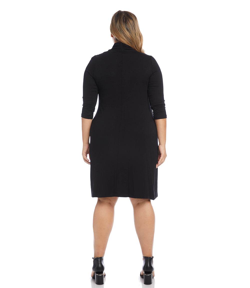 Plus Size 3/4 Sleeve Faux Wrap Dress - Black