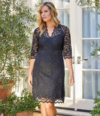 Plus Size V-Neck Scallop Lace Dress - Black