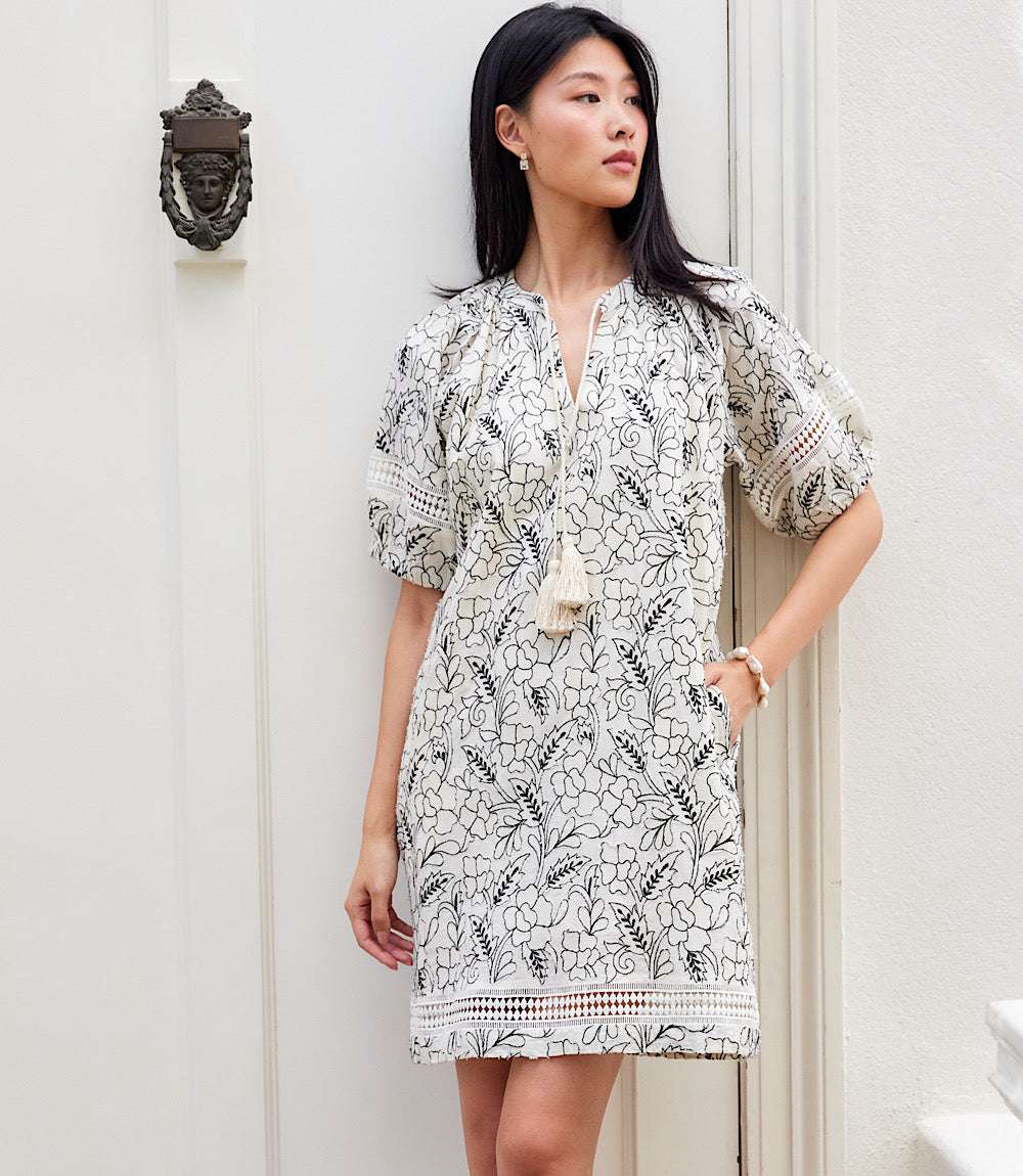 Petite Size Puff Sleeve Tassel Dress - Cream