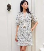Petite Size Puff Sleeve Tassel Dress - Cream