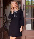 Petite Size Puff Sleeve Embellished Bow Shift Dress