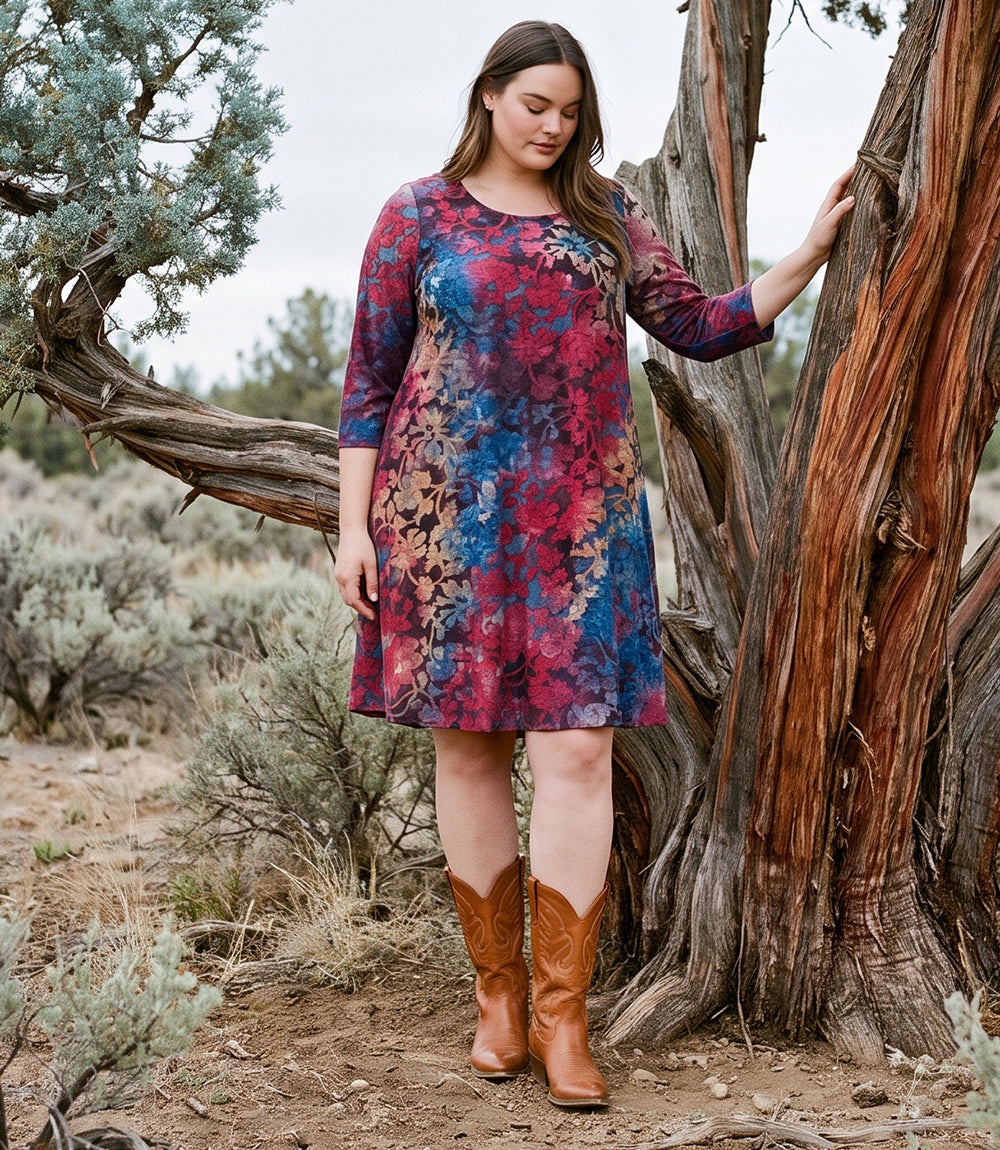 Plus Size 3/4 Sleeve Tie-Dye Burnout Trapeze Dress