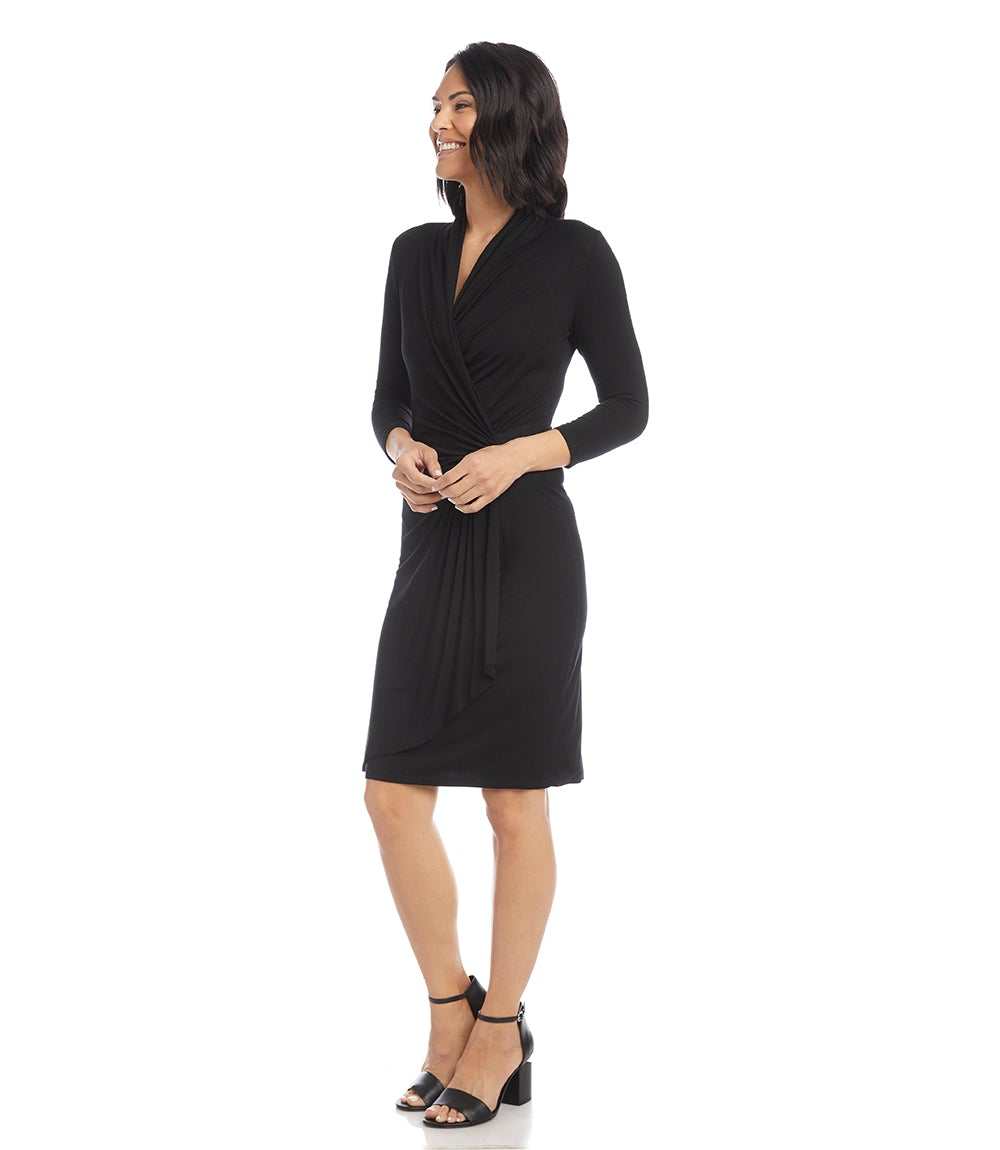 Petite Size 3/4 Sleeve Faux Wrap Dress - Black