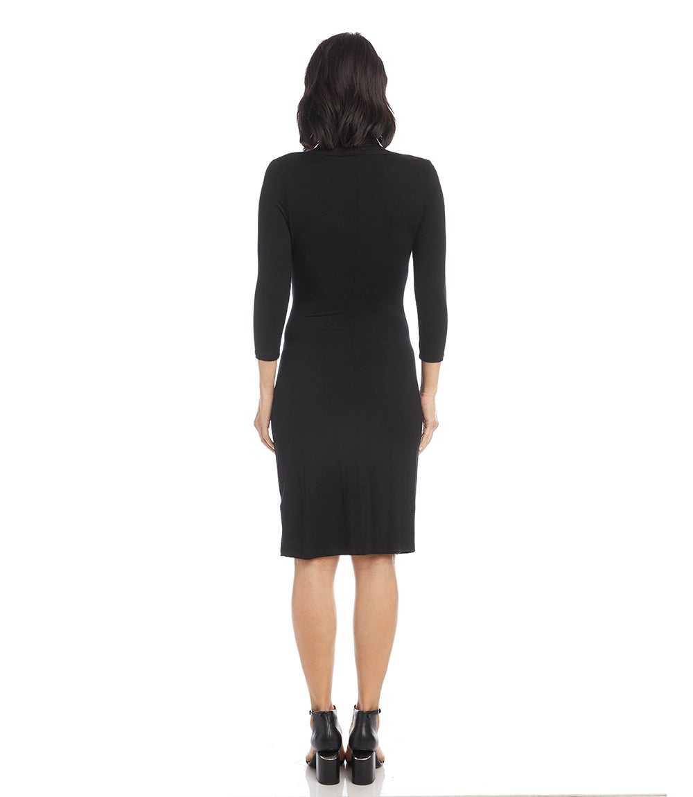 Petite Size 3/4 Sleeve Faux Wrap Dress - Black
