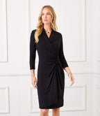 Petite Size 3/4 Sleeve Faux Wrap Dress - Black