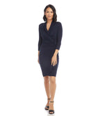 Petite Size 3/4 Sleeve Faux Wrap Dress - Navy