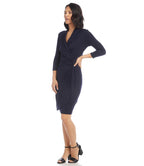 Petite Size 3/4 Sleeve Faux Wrap Dress - Navy
