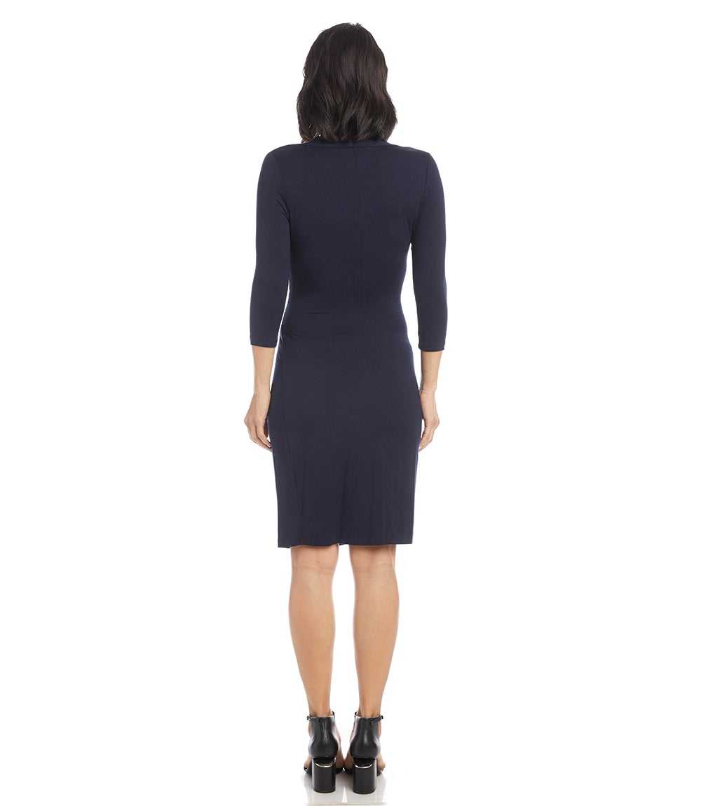 Petite Size 3/4 Sleeve Faux Wrap Dress - Navy