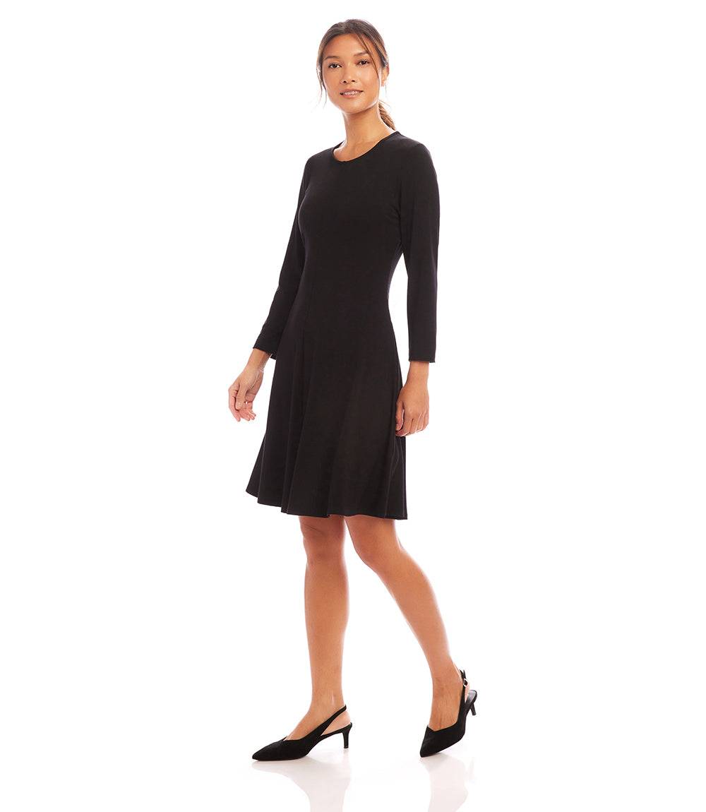 Petite Size 3/4 Sleeve Fit & Flare Dress - Black