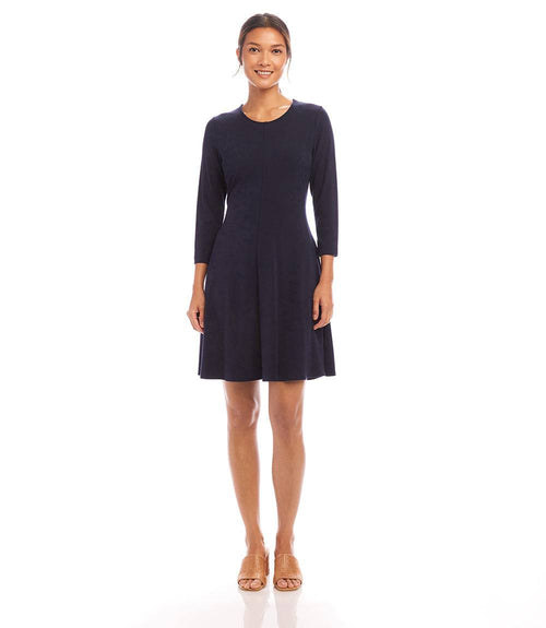 Petite Size 3/4 Sleeve Fit & Flare Dress - Navy