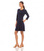 Petite Size 3/4 Sleeve Fit & Flare Dress - Navy