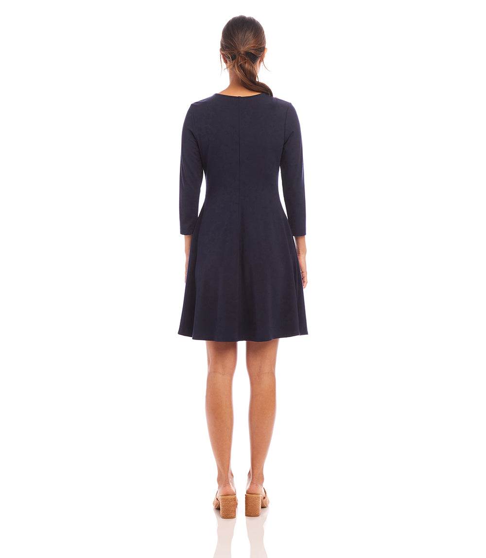 Petite Size 3/4 Sleeve Fit & Flare Dress - Navy
