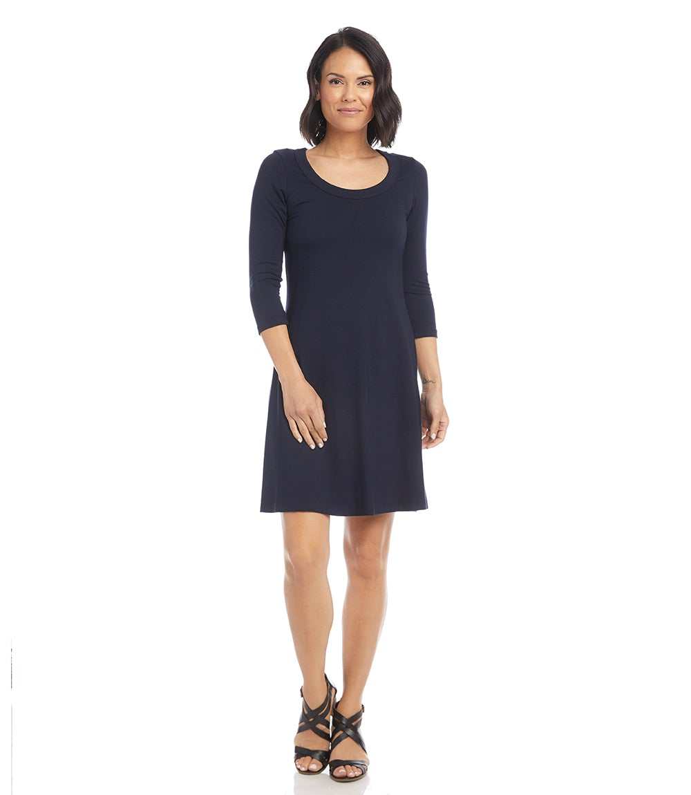 Petite Size Three Quarter Sleeve A-Line Dress - Navy