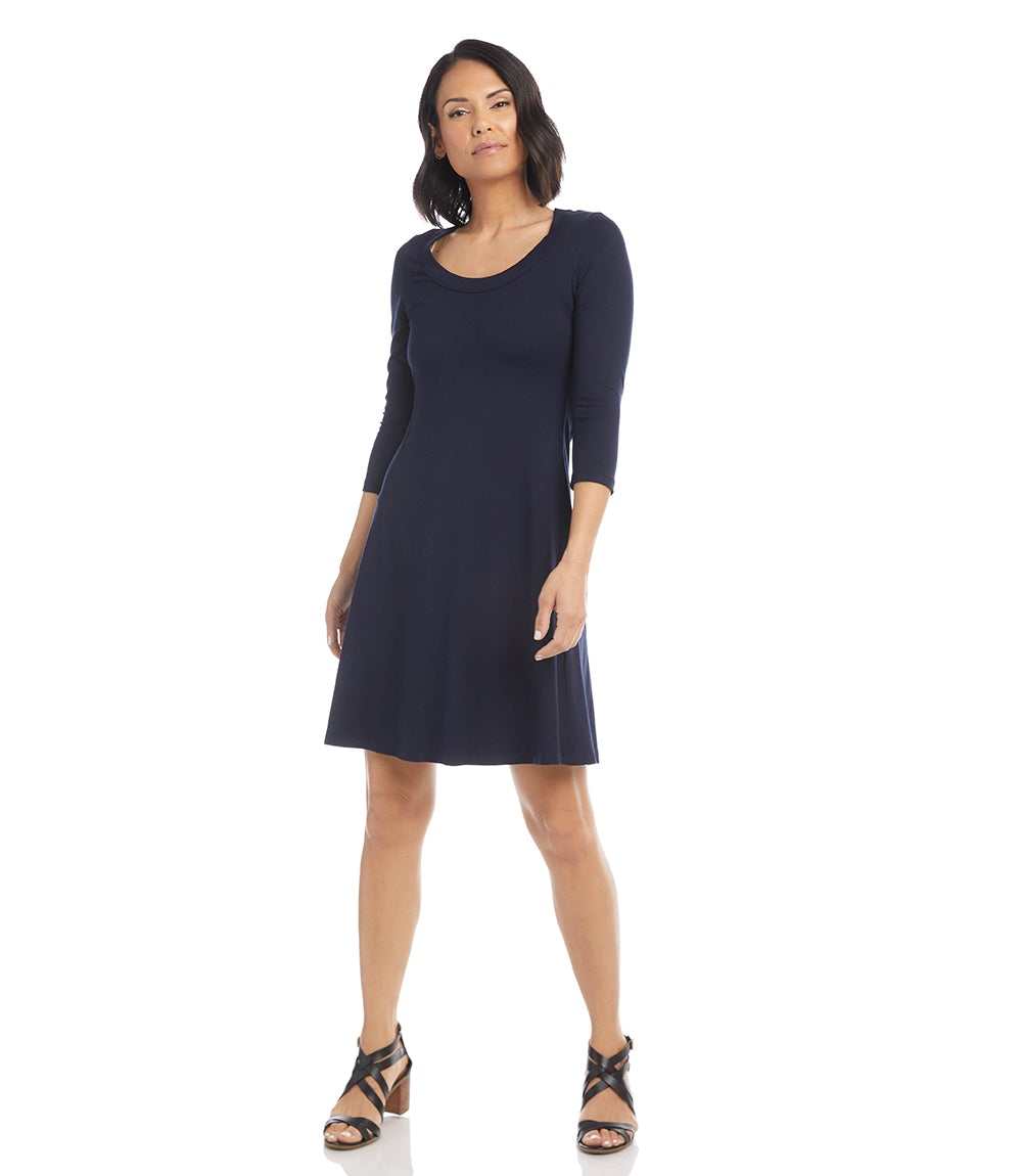 Petite Size Three Quarter Sleeve A-Line Dress - Navy