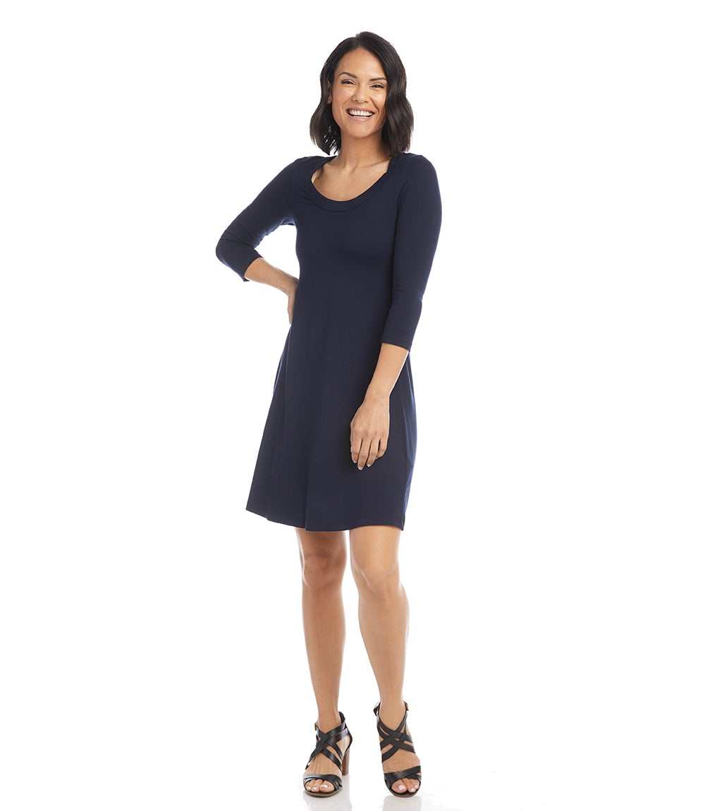 Petite Size Three Quarter Sleeve A-Line Dress - Navy