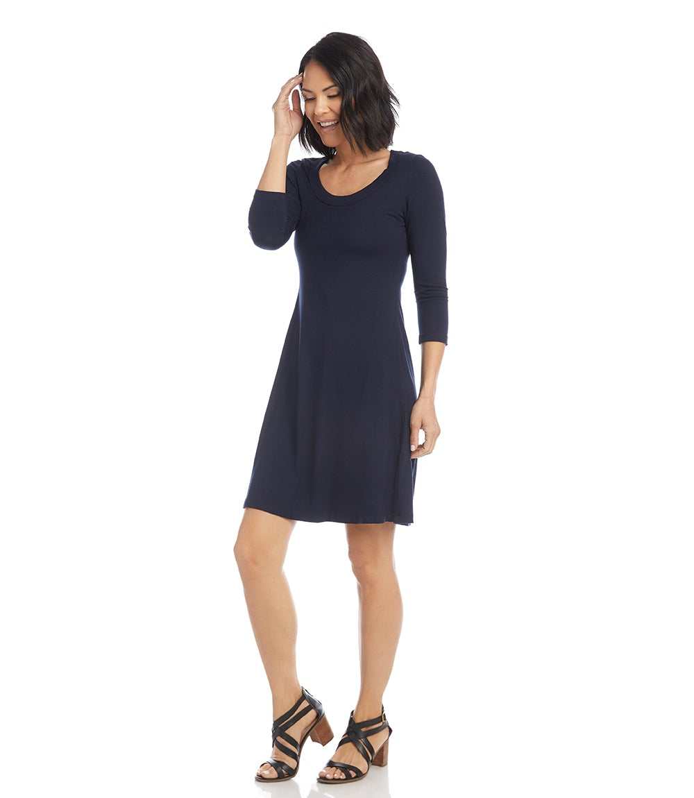Petite Size Three Quarter Sleeve A-Line Dress - Navy