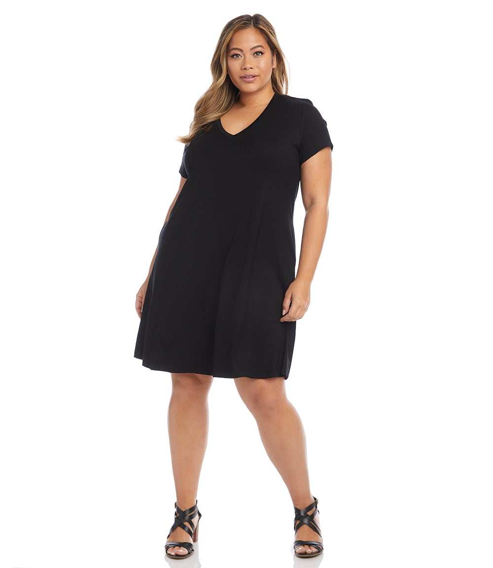 Plus Size V-Neck Pocket Dress - Black