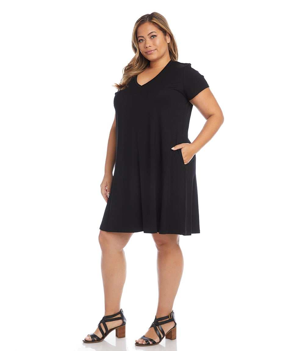 Plus Size V-Neck Pocket Dress - Black