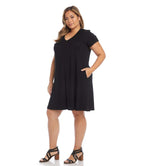 Plus Size V-Neck Pocket Dress - Black