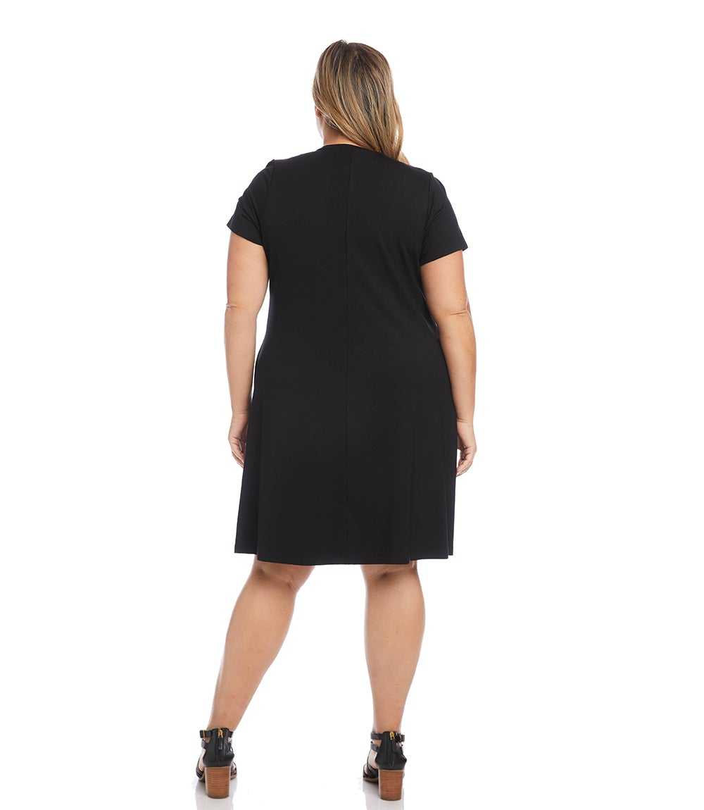Plus Size V-Neck Pocket Dress - Black