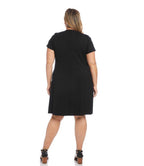 Plus Size V-Neck Pocket Dress - Black