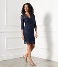 Petite Size V-Neck Scallop Lace Dress - Navy