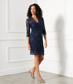 Petite Size V-Neck Scallop Lace Dress - Navy
